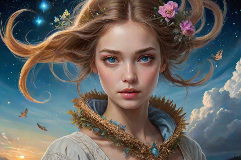Create a series of imaginative portraits where each subject is infused with elements of fantasy and nature. The hair of the individuals should flow like clouds, varying from soft, fluffy cumulus to wispy cirrus strands, with hints of color reflecting a sunset or a clear blue sky. The eyes should be windows to entire galaxies, with stars, nebulae, and distant planets visible within them. Clothing should be adorned with nature motifs, such as floral patterns that bloom and change, vines that seem to grow and wrap around, or feathers that shimmer with iridescence. Each portrait should capture a unique personality, blending human features with the ethereal beauty of the natural and cosmic world. The backgrounds can vary, from starry night skies to enchanted forests, adding depth and context to the magical realism of the portraits