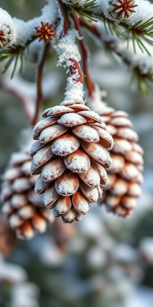 Capture a close-up of frosted pine cones hanging from snowy branches with a shallow depth of field, using a DSLR camera at f/2.8, ISO 100, 1/200 sec exposure, in natural lighting to enhance details and texture.