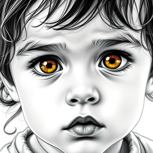 A hyperdetailed photorealistic black and white sketch of a beautiful toddler with deep Yellow eyes, with a macro focus