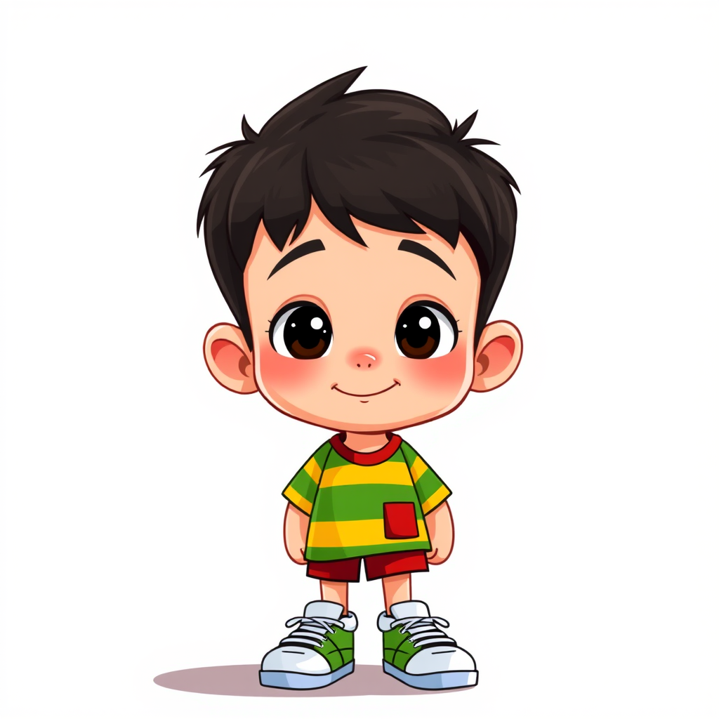 generate a colorful cartoon-style illustration of a young boy with short dark hair wearing a striped green and yellow shirt, red shorts, and sneakers, using a 50mm lens, f/2.8 aperture, natural lighting, and a slightly elevated angle to enhance image quality.
