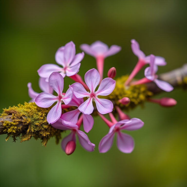Close-up of pink flowers on a moss-covered branch with a blurred green background, aperture f/2.8, shutter speed 1/250s, ISO 200, macro lens, DSLR camera, natural light.