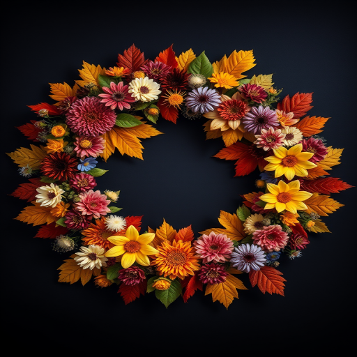 Create a vibrant floral wreath with autumn colors, featuring a variety of flowers and leaves arranged in a circular shape against a dark background, using a DSLR camera with a 50mm lens, aperture set to f/2.8, ISO 100, and shot at a top-down view for enhanced depth and clarity.