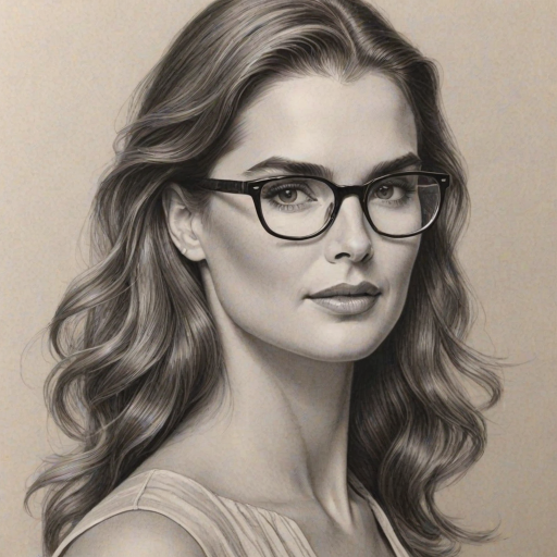 Superb Brooke Shields, pencil sketch, portrait of Ravishing woman 1926s in glasses, hair style beatnik, outline, clear lines, fine lines, 8k