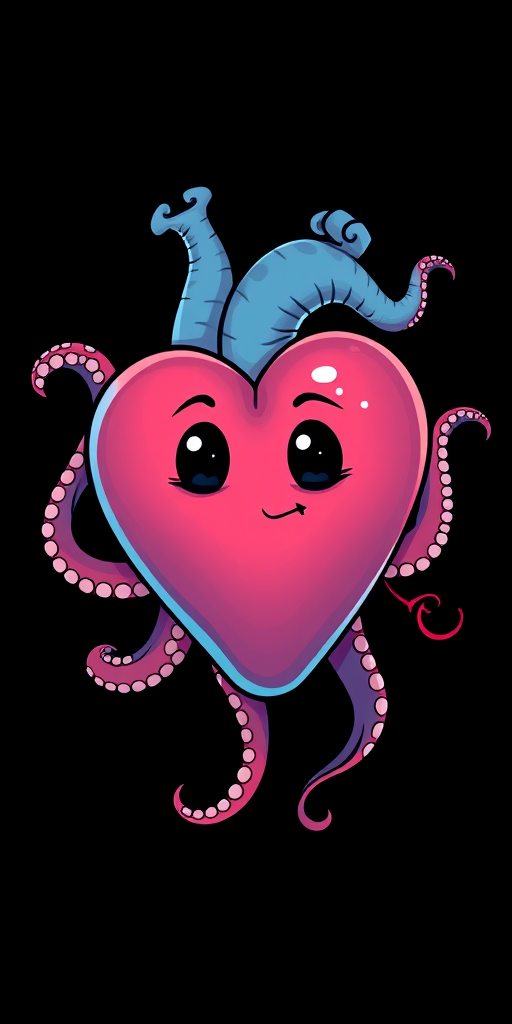 A vibrant, cartoon-style illustration of a heart with octopus tentacles, playful colors, high contrast, with a black background, shot with a Canon EOS 5D Mark IV, 50mm lens, f/2.8 aperture, ISO 100, natural lighting, close-up view.