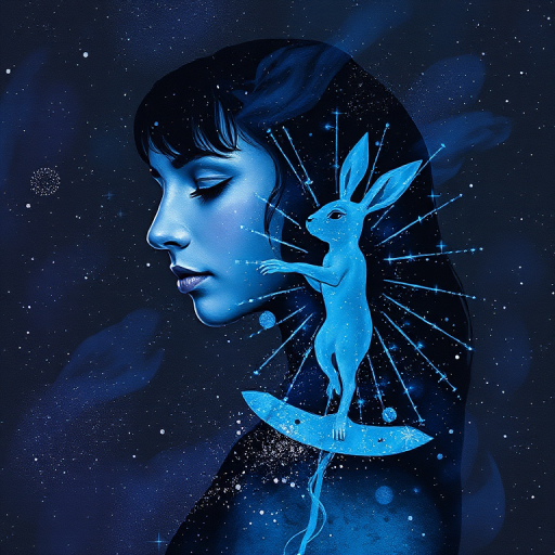 Captivating conceptual render alcohol ink art, double exposure, the paint strokes artfully merge combining a woman's full silhouette with a Humble hare's silhouette. The figures are composed of a series of colored dots, lines & spots that evoke the image of a cosmic galaxy, colors are deep shades of blue purple & black with flashes of white & silver representing distant stars. The woman's silhouette is formed within the lion's silhouette from constellations of scattered stars, surreal