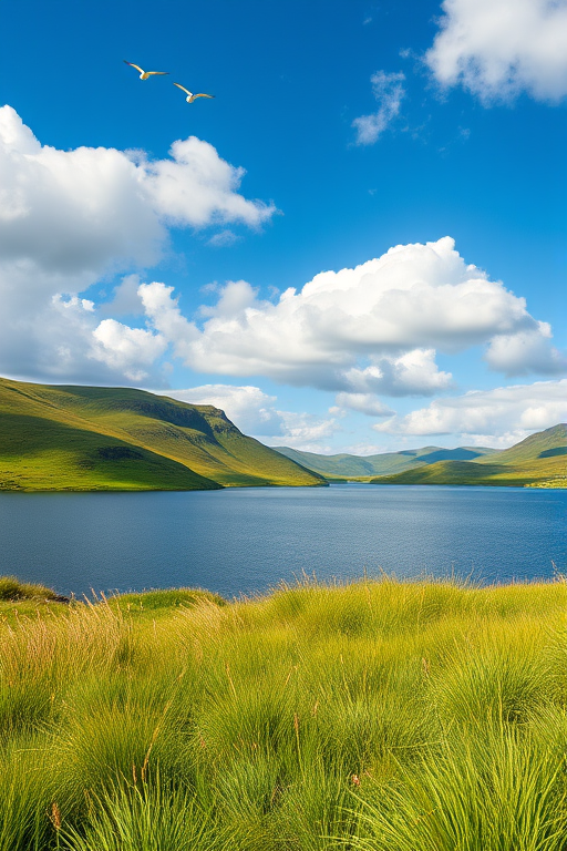 generate a peaceful landscape of a serene lake surrounded by lush green hills and softly swaying grass, featuring a vibrant sky with fluffy clouds and birds in flight, captured with a DSLR camera, 35mm lens, f/8 aperture, ISO 100, natural lighting to enhance vivid colors and depth.