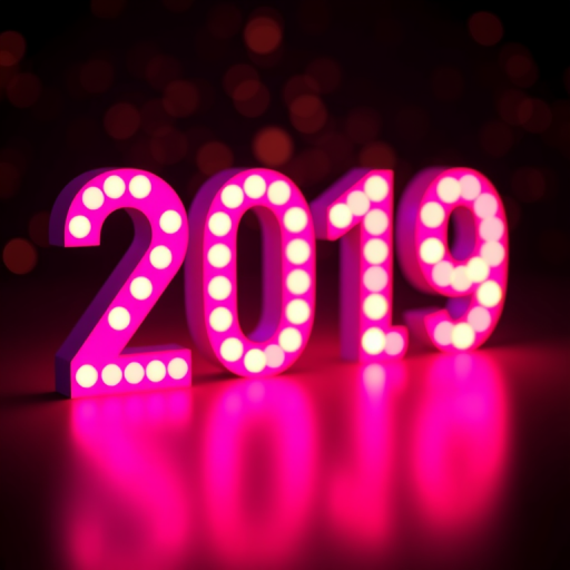 Create an image of the year "2019" in large, glowing pink and purple numbers on a dark background with a bokeh effect, using a DSLR camera with a 50mm lens, aperture set to f/1.8, ISO 100, and a soft focus view for enhanced depth and clarity.