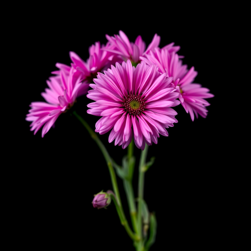 Capture a high-resolution close-up image of vibrant pink and purple fluffy flowers against a smooth black background using a DSLR camera with a 50mm lens, aperture set to f/1.8 for a shallow depth of field, ISO 100 for optimal clarity, and a tripod for stability.