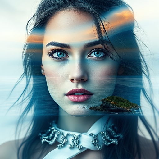 this photo is Book cover, A surreal double exposure portrait that blends a woman's face with a beautiful seascape. The overall mood is dreamy and mystical, with rich colors and intricate details