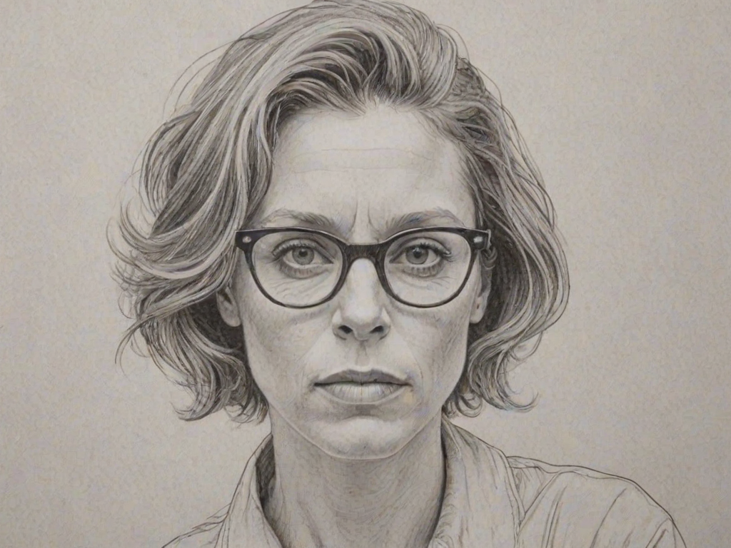 Captivating Frances McDormand, pencil sketch, portrait of Graceful woman 1961s in glasses, hair style beatnik, outline, clear lines, fine lines, 8k