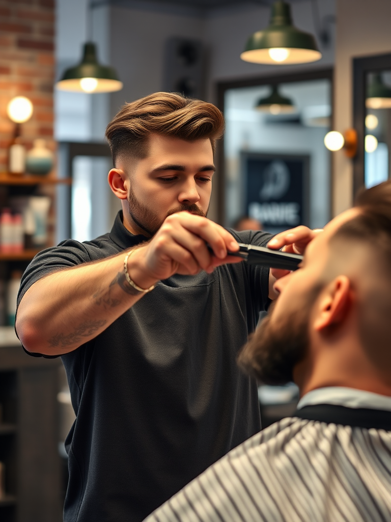 A stylish barber cutting a man's hair in a trendy barbershop, natural lighting, high resolution, 50mm lens, f/1.8 aperture, ISO 200, soft focus background.