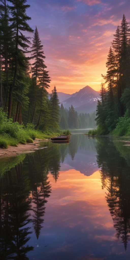 Tranquil Sunset Reflections Over a Serene Lake Surrounded by Majestic Pines