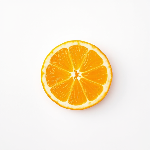 slice of orange on a white background, macro lens, f/2.8 aperture, ISO 100, 50mm lens, natural lighting, focus on the center of the orange, high resolution