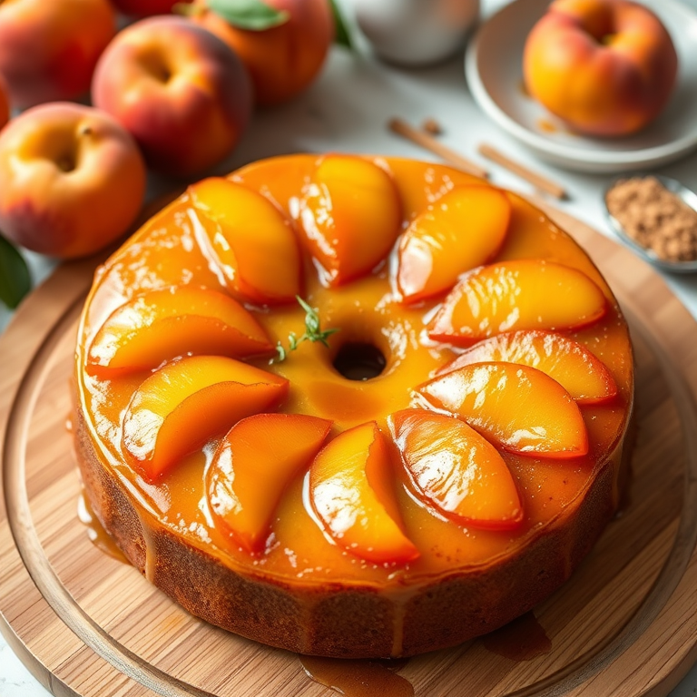 Create an image of a round peach upside-down cake glistening with caramelized peaches on top arranged in a circular pattern the cake is golden brown with a smooth texture and has a hole in the center it is placed on a wooden serving board with fresh peaches and some brown sugar in the background the setting is bright and inviting.