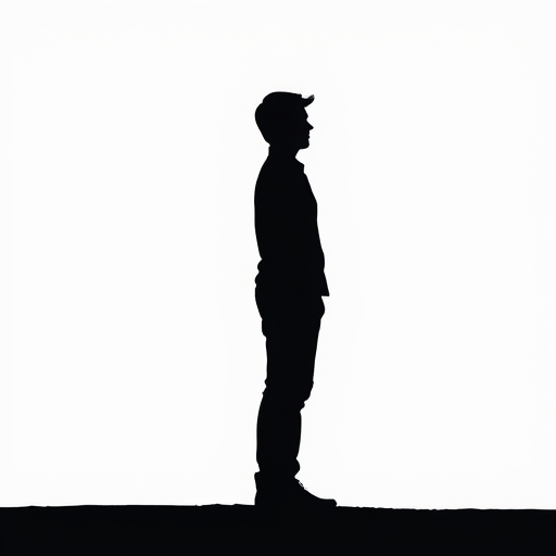 Create a minimalist silhouette of a standing person with a smooth finish, using a DSLR camera at f/4 aperture, ISO 100, 50mm lens, natural lighting, and a shallow depth of field for a clean background.