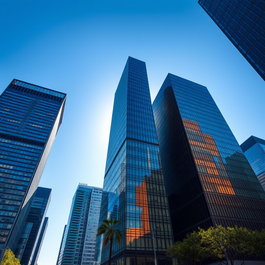 Create a high-resolution image of a modern city skyline featuring contemporary glass skyscrapers, shot with a Canon EOS R5 at f/8, ISO 100, 24mm focal length, using a wide-angle lens from a low angle to capture the height and reflections of the buildings against a clear blue sky.