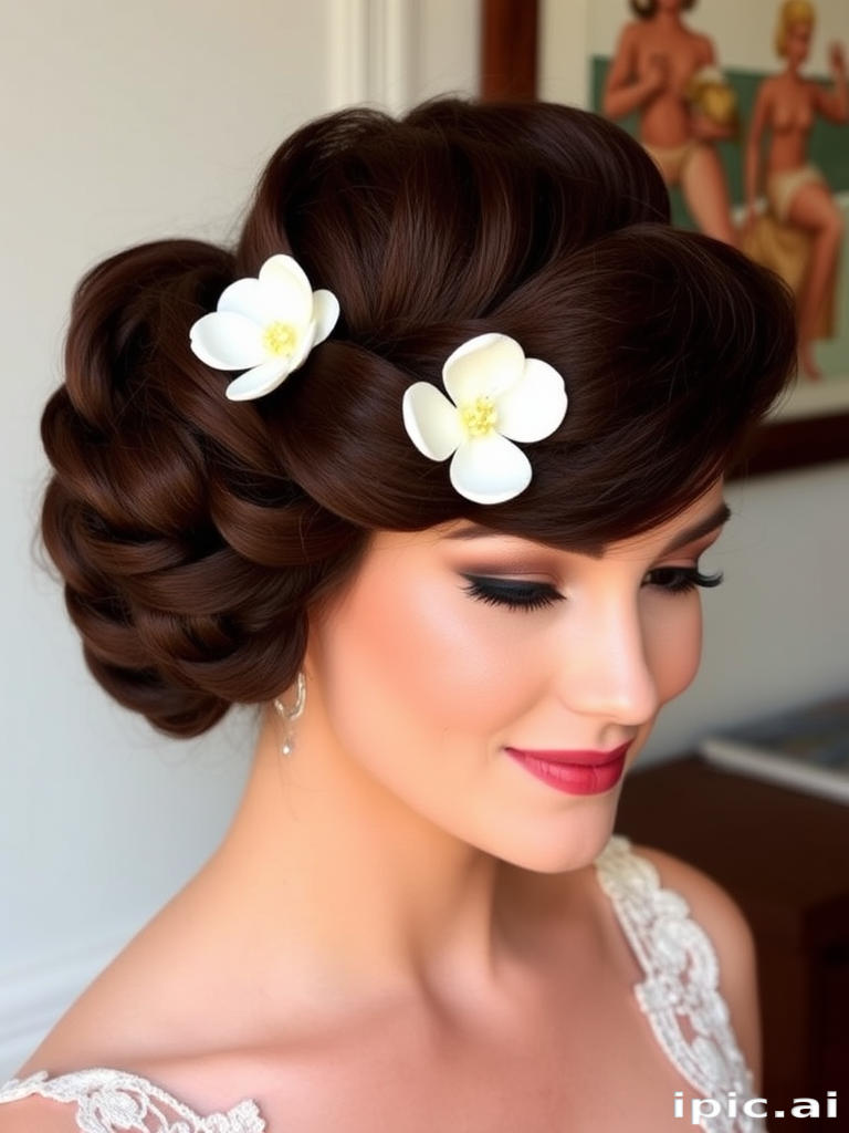 Rich mahogany locks styled in a vintage victory roll updo, accented with a single white gardenia bloom, exuding timeless elegance and feminine charm.