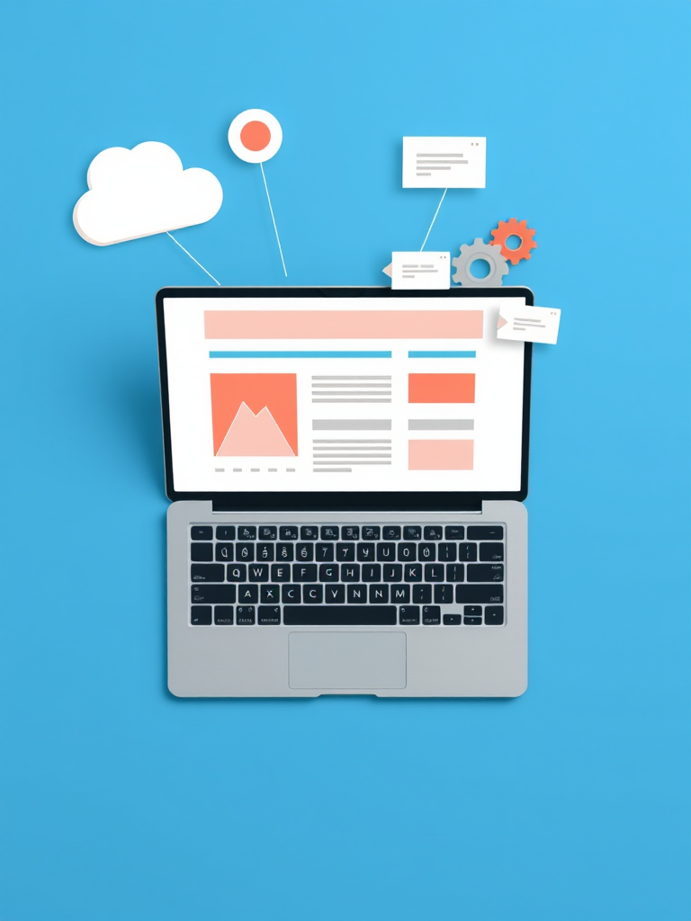 Create a high-quality digital illustration of a laptop displaying a website interface with abstract icons like a cloud, magnifying glass, gears, and a chat bubble, use a clean blue background, camera settings f/8, ISO 100, 1/250s, camera view top-down, camera style flat lay, camera type digital SLR.