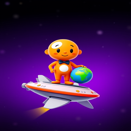 Create a colorful cartoon character of an orange figure with a white spot and a bow tie, standing on a spaceship, holding a small Earth, set against a starry purple background, using a digital art style, high-resolution, depth of field, 4K quality, captured with a virtual camera lens.