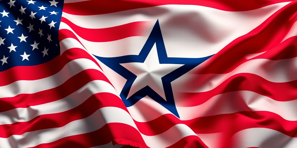 Create a high-resolution 3D image of a waving American flag intertwined with a blue and white star, using a DSLR camera with a 50mm lens at f/2.8, ISO 100, and a soft light setup for enhanced contrast and depth.