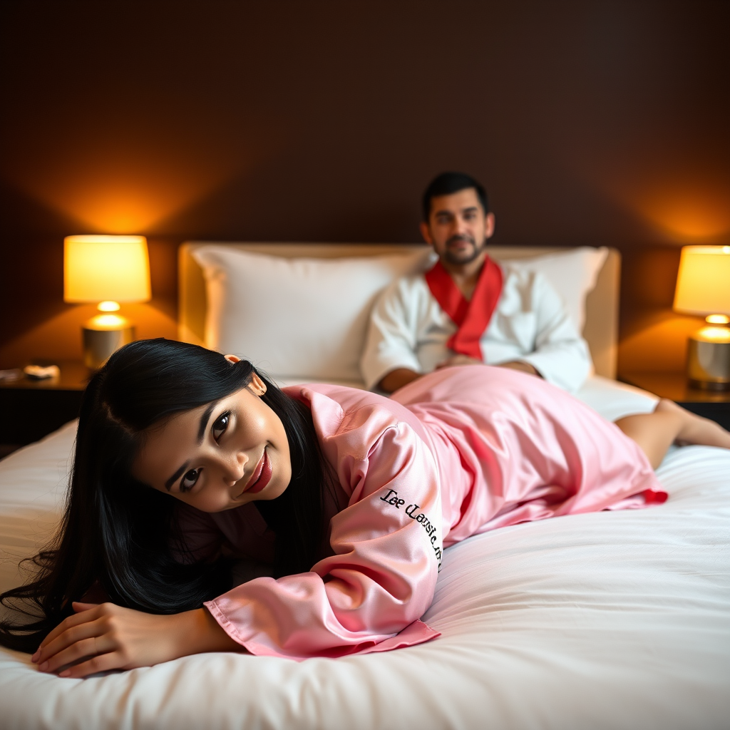 A man and a woman are lying on a bed in a dimly lit bedroom. The woman is in the foreground, lying on her stomach and looking directly at the viewer with a smile. She is wearing a pink silk robe and has long black hair. The man is sitting up in the background, looking directly at the viewer with a neutral expression. He is wearing a white silk robe with a red trim and has short black hair. The bed is white and has a white pillow at the head of the bed. There are two lamps on nightstands on either side of the bed, and the walls are a dark brown. The overall atmosphere is warm and inviting, with a soft focus on the subjects.