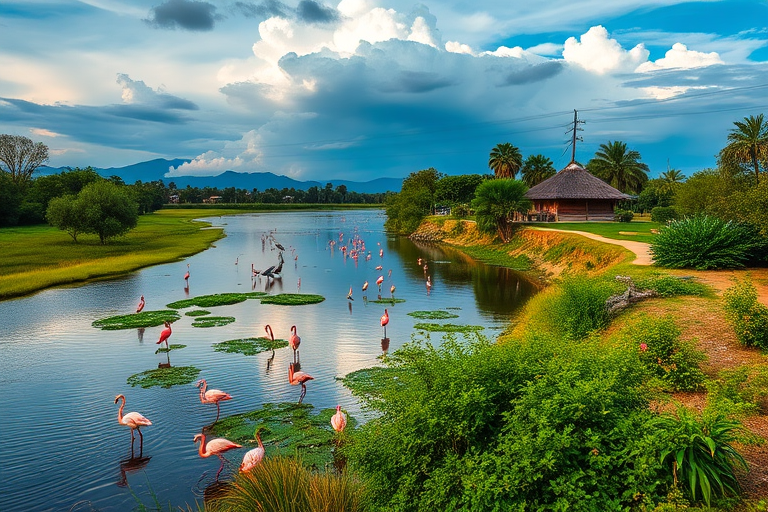 Create a vibrant landscape scene featuring a serene river with diverse birds like flamingos and storks, lush greenery, a rustic house, and distant mountains under a dramatic sky, captured with a Canon EOS R5, 24-70mm f/2.8 lens, f/8 aperture, 1/125 sec shutter speed, and ISO 200 for enhanced detail and clarity.
