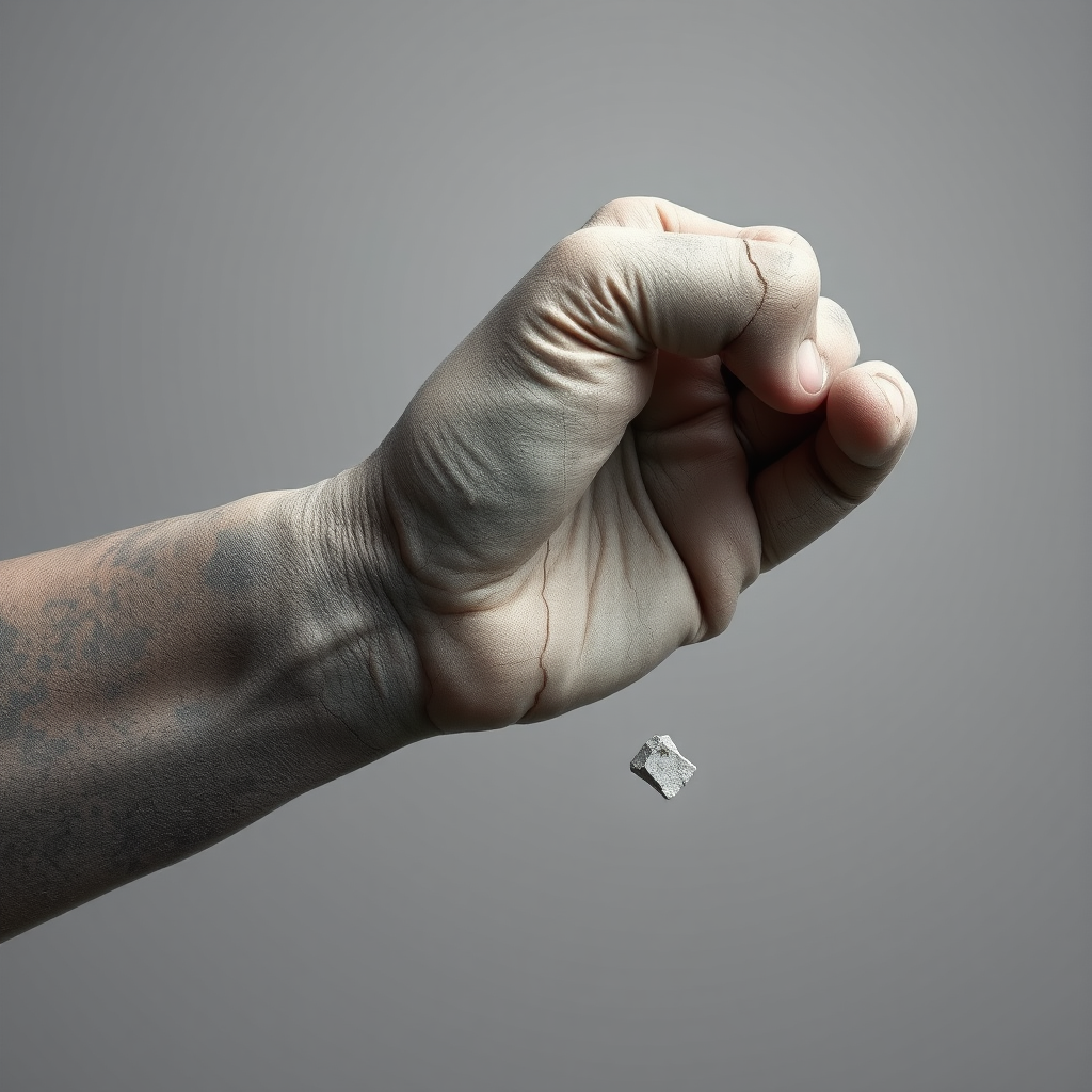 Create a hyper-realistic illustration of a cracked concrete hand making a fist, with a small broken piece next to it, using soft lighting and a neutral gray background, shot with a DSLR camera at f/2.8, ISO 100, 50mm lens, with a slight vignette effect to enhance the image quality.