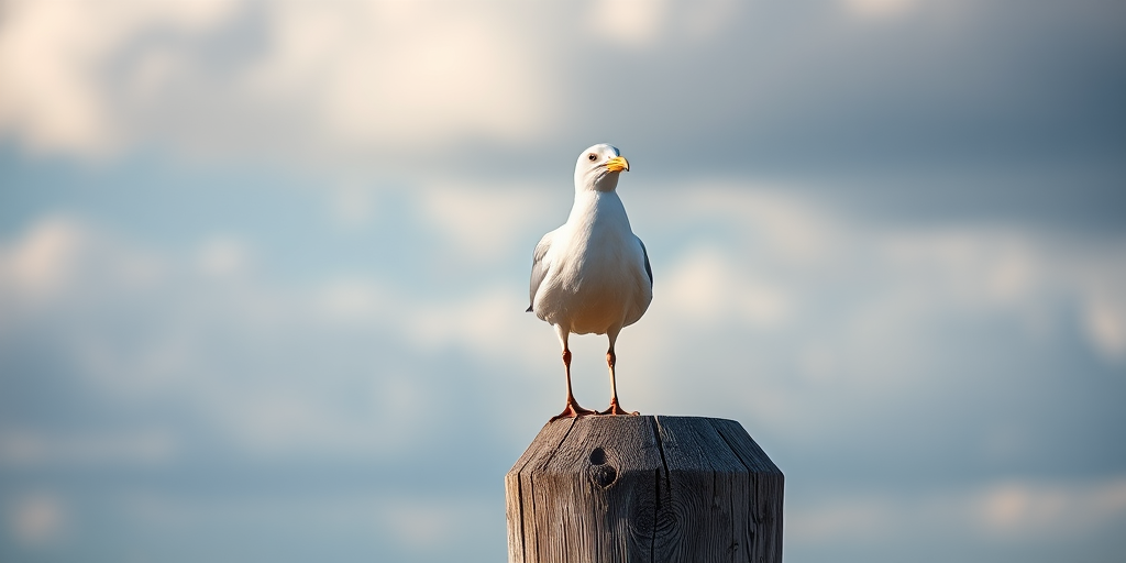 Capture a high-resolution image of a seagull perched on a wooden post, with a blurred background of clouds, using a Canon EOS 5D Mark IV, 50mm lens, aperture f/1.8, ISO 200, shutter speed 1/400 sec, soft natural lighting.