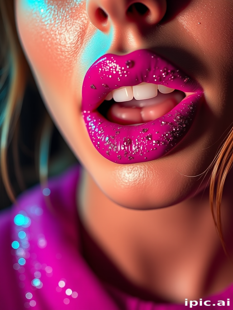 Vibrant fuchsia lips adorned with glitter accents, creating a bold and playful look, photographed in dramatic lighting to emphasize the sparkle and shine