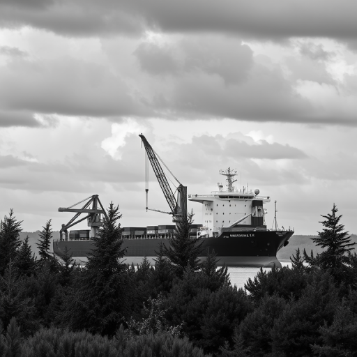 Capture a monochrome landscape of a cargo ship with a large crane beside it, set against a cloudy sky and evergreen trees in the foreground, use a Canon EOS R5, aperture f/8, shutter speed 1/125s, ISO 200, wide-angle lens 24mm, natural light.