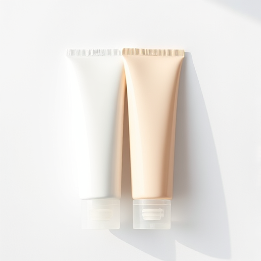 A high-resolution image of two cosmetic tubes, one white and one beige, positioned side by side on a clean white background, captured with a Canon EOS R5 camera, 50mm lens, aperture f/1.8, ISO 100, with soft natural lighting and a shallow depth of field for an elegant look.