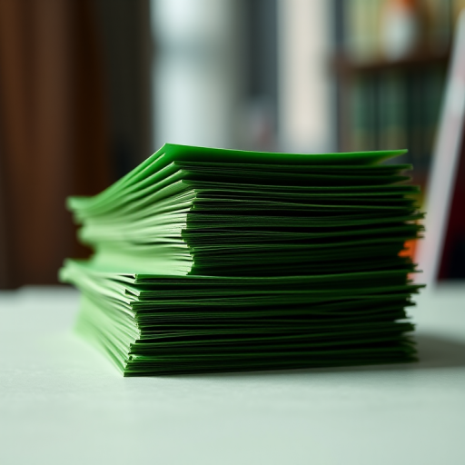 a stack of textured green paper in a well-lit environment, macro shot, f/2.8 aperture, 50mm lens, ISO 100, studio lighting, soft focus background