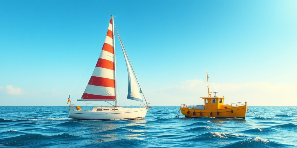 Create an illustration of a sailboat with a striped sail next to a yellow fishing boat on wavy water, using a DSLR camera at f/8 aperture, ISO 100, 24mm focal length, with a landscape view and vibrant color palette for enhanced quality.