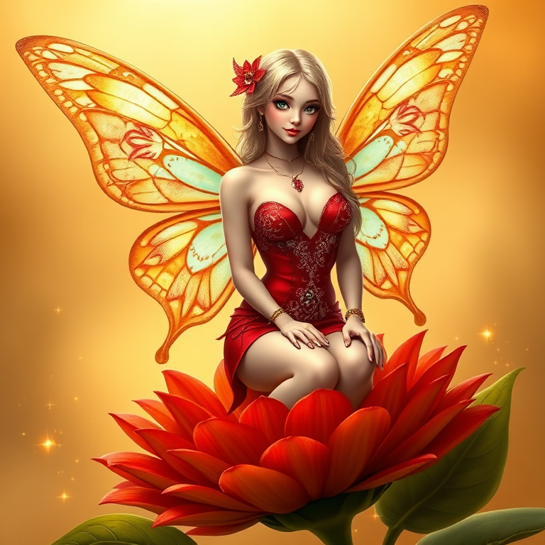 A digital artwork features a winged fairy with delicate Pineapple butterfly wings, adorned with intricate Mint andCream patterns. She is seated on a vibrant Vermilion flower, wearing a revealing red two-piece outfit with sparkling beadwork. Her fair skin, long blonde hair, and gold jewelry add to her ethereal appearance. The background is a warm, golden gradient, creating a magical atmosphere. Small glowing orbs and sparkles surround the flower, enhancing the enchanting, highly detailed, and realistic scene.