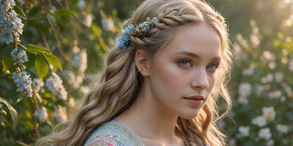 Create an image of a young woman with long, wavy blonde hair, adorned with small, colorful flowers woven into her braids and loose strands. Her complexion is fair, with soft, glowing skin, and she has light blue eyes that gaze softly at the viewer. She wears a light, flowing dress with a gentle, ethereal quality, complementing her delicate and serene appearance. The background is slightly blurred, drawing focus to her tranquil expression and the intricate details of the flowers in her hair. The overall mood of the image is one of natural beauty and grace, evoking a sense of peacefulness and connection with nature.