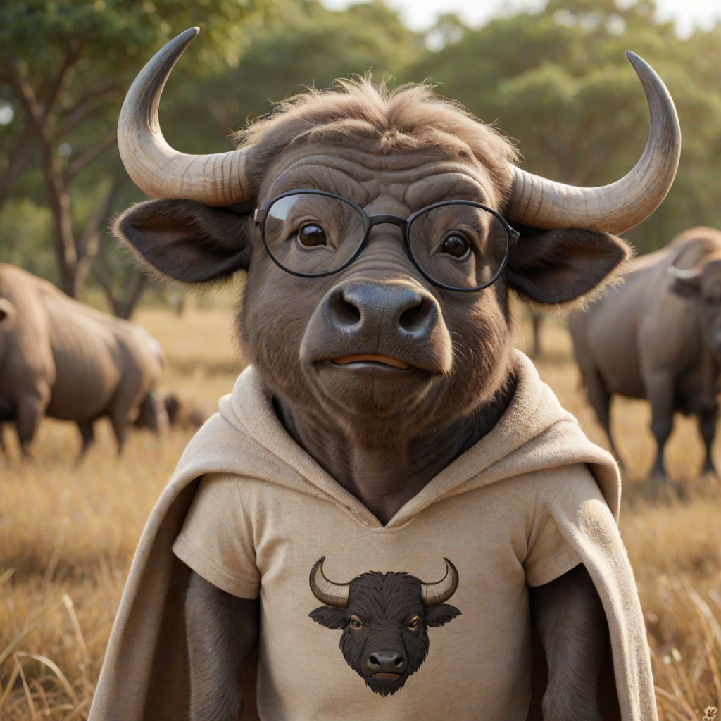 Hyperrealistic 3D render of a smiling cartoon Cape Buffalo wearing glasses and a beige t-shirt with a smaller buffalo image printed on it, missing some teeth, set against a blurred African savanna background, detailed fur, 8k resolution, octane render, artstation trending.