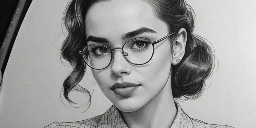 Pleasing Sofia Carson, pencil sketch, portrait of Exquisite woman 1939s in glasses, hair style beatnik, outline, clear lines, fine lines, 8k