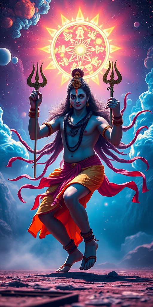 Create a high-resolution digital artwork of Lord Shiva dancing in a cosmic setting, vibrant colors, dynamic lighting, ISO 100, f/8 aperture, 24mm lens, shot from a low angle to emphasize grandeur and motion, using a full-frame DSLR camera for enhanced clarity and detail.