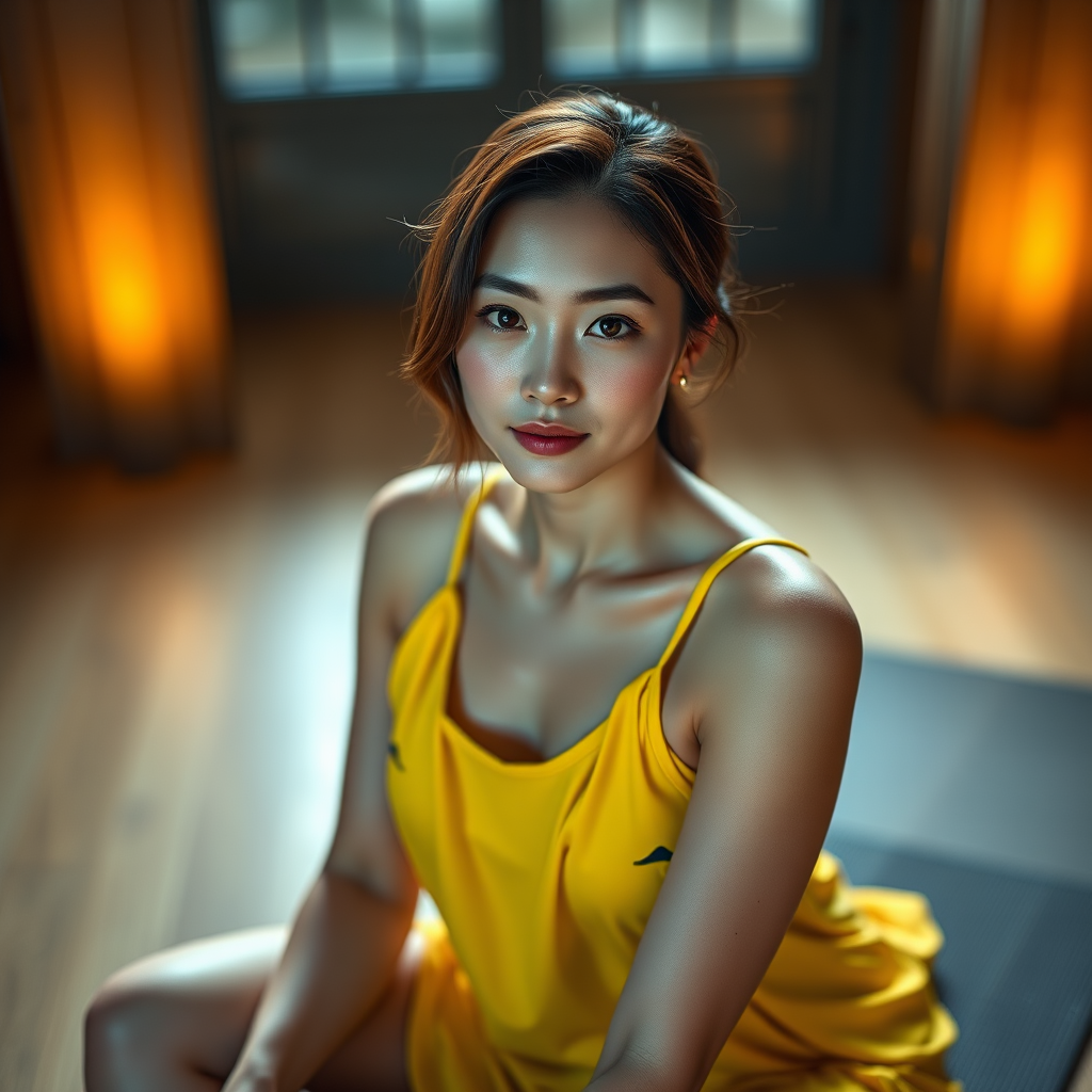 Resplendent photo of woman:Chinese:0.4, highlight hair, wearing Banana dress, sitting on Yoga mat, rim lighting, studio lighting, looking at the camera, dslr, ultra quality, sharp focus, tack sharp, dof, film grain, Fujifilm XT3, crystal clear, 8K UHD, highly detailed glossy eyes, high detailed skin, skin pores