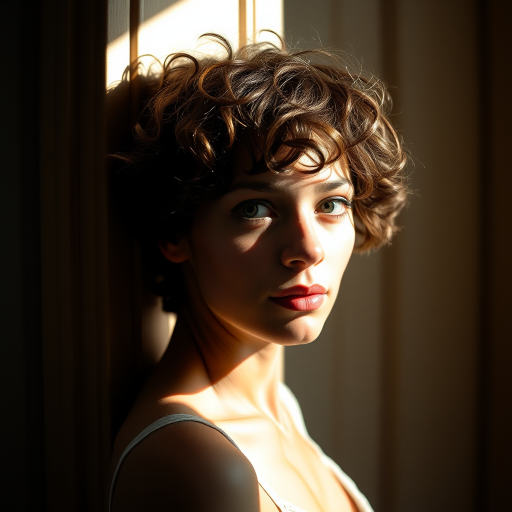 portrait of a person with short curly hair softly leaning against a doorway with natural light casting dramatic shadows, aperture f/2.8, shutter speed 1/125s, ISO 200, 50mm lens, taken with a full-frame DSLR, soft focus background, capturing intimate mood and warm tones