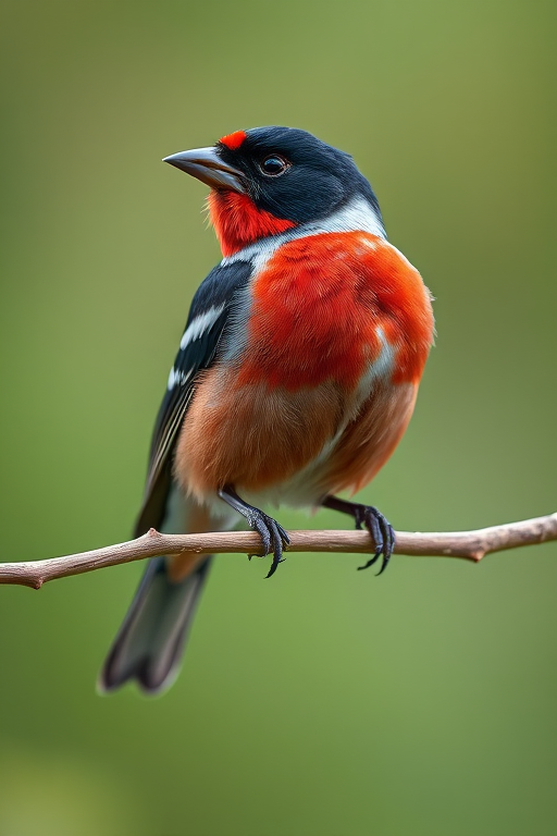 A colorful bullfinch perched on a branch, captured with a Canon EOS 5D Mark IV, 50mm lens, f/2.8 aperture, shutter speed 1/250s, ISO 200, soft focus background.