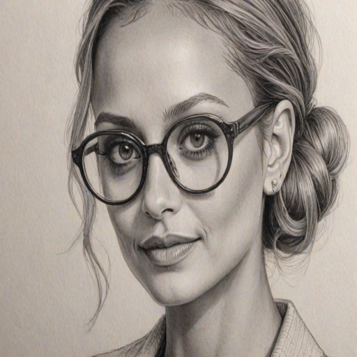 Stunning Nicole Richie, pencil sketch, portrait of Exquisite woman 1945s in glasses, hair style beatnik, outline, clear lines, fine lines, 8k