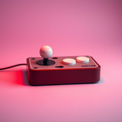 Create a high-resolution digital illustration of a retro arcade joystick with two white arcade buttons, soft lighting, and a smooth gradient background, using a Canon EOS R5 with a 50mm lens at f/1.8, ISO 100, and a shallow depth of field for a clean focus effect.