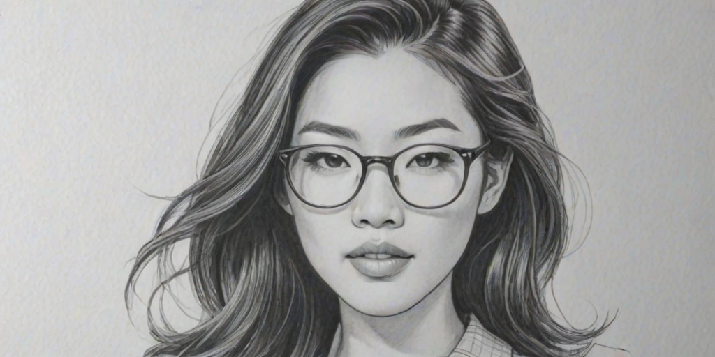 Alluring Arden Cho, pencil sketch, portrait of Attractive woman 1942s in glasses, hair style beatnik, outline, clear lines, fine lines, 8k