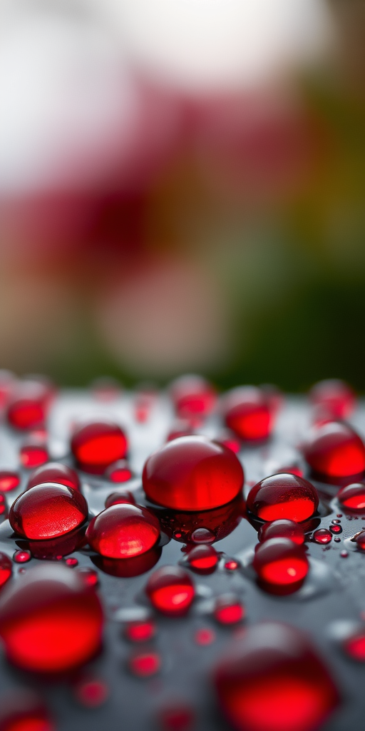 macro shot of red water droplets on a dark surface with soft focus background, aperture f/2.8, shutter speed 1/200 sec, ISO 100, 50mm lens, natural light with slight backlighting for highlights