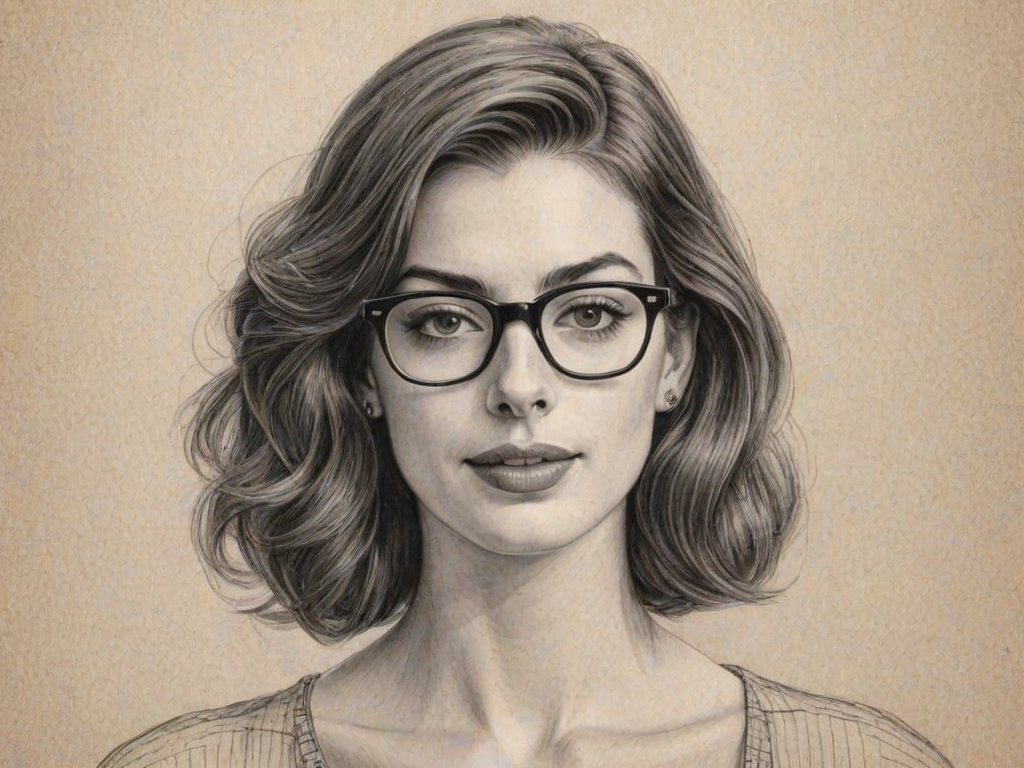 Enticing Anne Hathaway, pencil sketch, portrait of Enchanting woman 1947s in glasses, hair style beatnik, outline, clear lines, fine lines, 8k