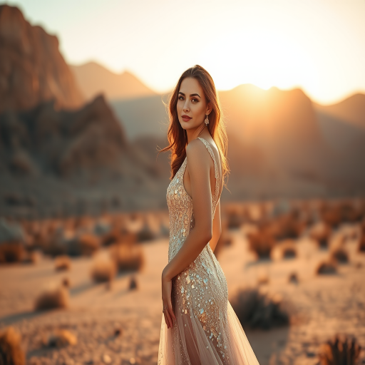 young woman in a sparkling gown standing in a desert landscape with mountains in the background, backlit by the sun, golden hour lighting, shot with a DSLR camera at f/1.8, ISO 100, 50mm lens, portrait orientation, natural light, high resolution