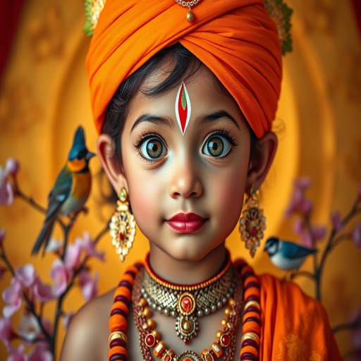 Create a vibrant portrait of a young deity with large expressive eyes, adorned in a bright orange turban and ornamental jewelry, set against a glowing golden background with blooming flowers and a small bird, with a DSLR camera at f/1.8, ISO 100, 50mm lens from a slight low angle, shot in soft natural light to enhance colors and details.