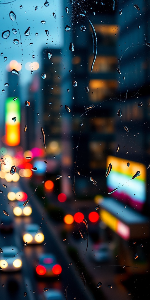 capture a vibrant cityscape through a rain-covered window focusing on colorful bokeh lights in the background, use a DSLR camera with a 50mm lens, aperture set to f/2.8, ISO 400, shutter speed 1/60 sec, soft focus style
