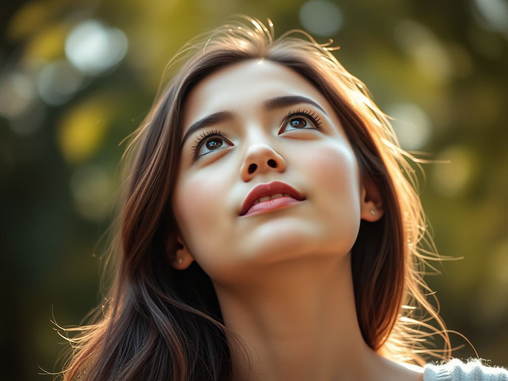 portrait of a young woman gazing upwards with soft natural light, shallow depth of field, 50mm lens, f/1.8 aperture, ISO 100, shutter speed 1/200s, taken with a DSLR camera in a dreamy, bokeh background style